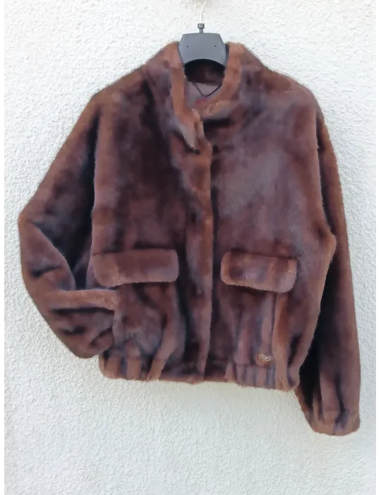 Brown Short Shearling-Effect Bomber Jacket