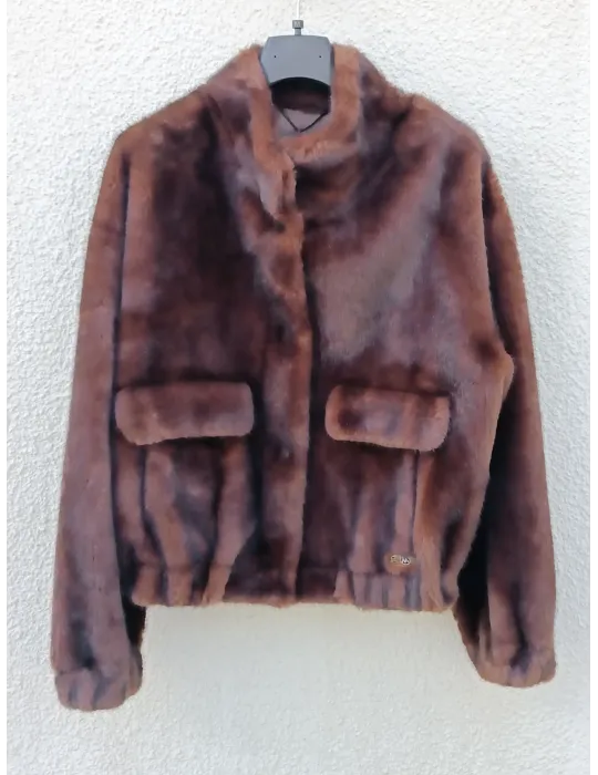 Giaccone corto marrone bomber eco pelliccia con tasconi | Riva Tricot