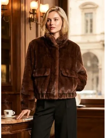 Brown Short Shearling-Effect Bomber Jacket