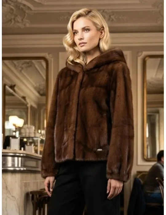 Brown Shearling-Effect short Hooded Jacket