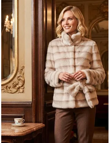 Oat Beige Striped Faux Shearling Coat