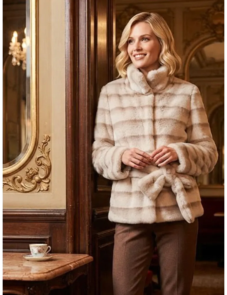 Giaccone beige a righe in pelliccia eco con interno montone Riva Tricot