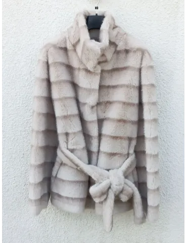 Giaccone beige a righe in pelliccia eco con interno montone Riva Tricot 2