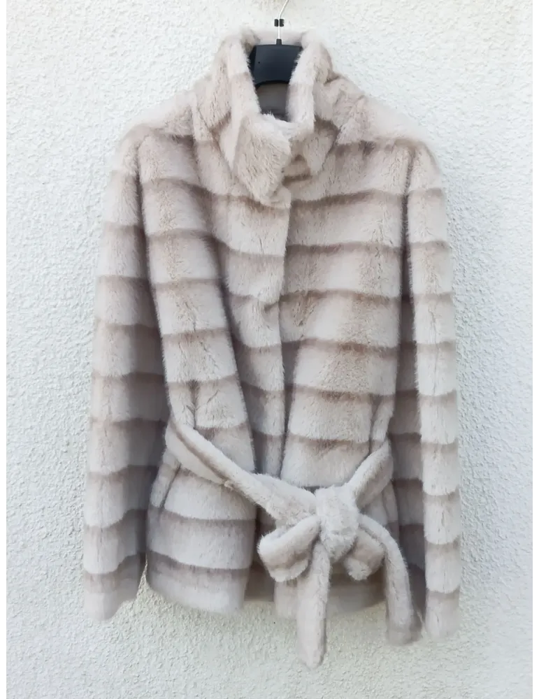 Oat Beige Striped Faux Shearling Coat