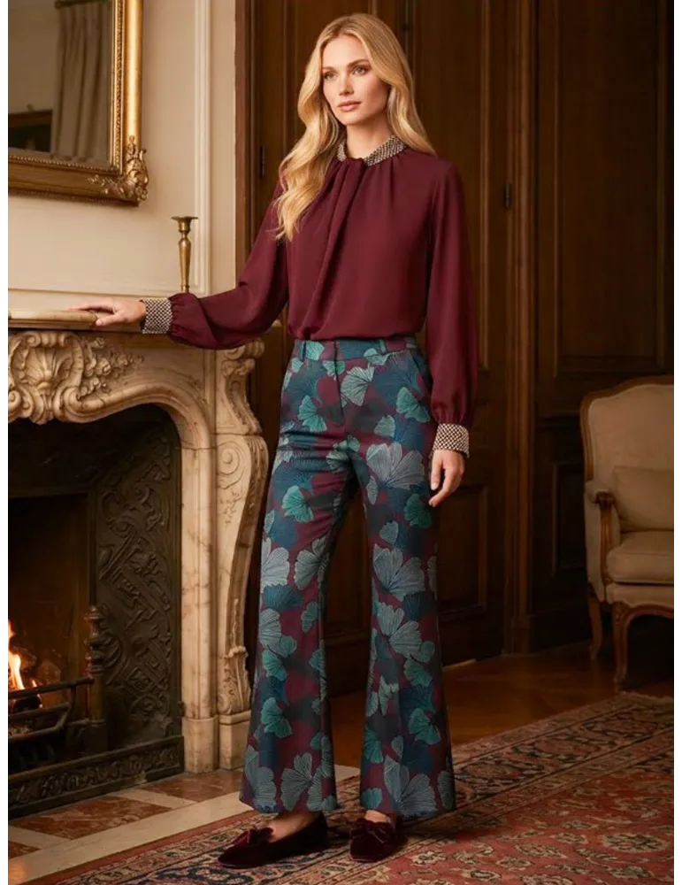 Burgundy and blue ginkgo leaves printed flared trousers