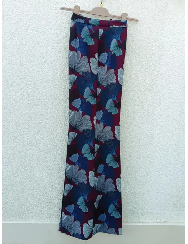 Ginkgo Biloba Print Flared Trousers in Blue and Burgundy