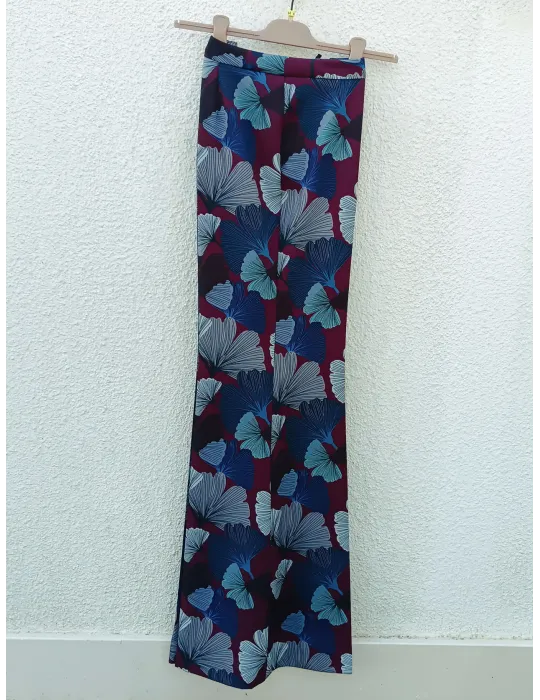 Burgundy and blue ginkgo leaves printed flared trousers Maesta Milano