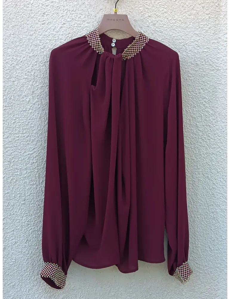 Burgundy Chiffon Blouse with Crystal Embellishment