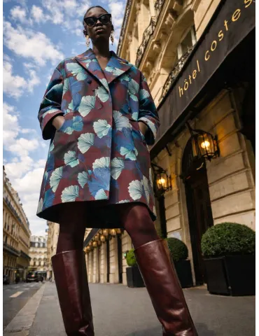Burgundy and blue Ginkgo Biloba Print Coat by Maesta