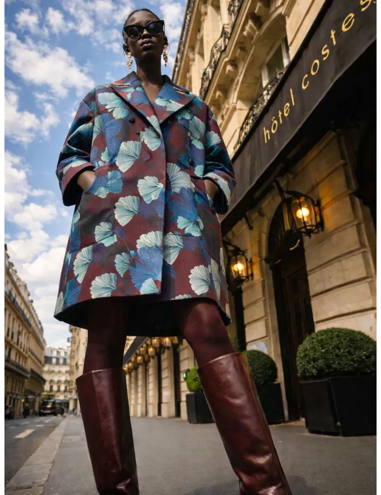 Burgundy and blue Ginkgo Biloba Print Coat by Maesta