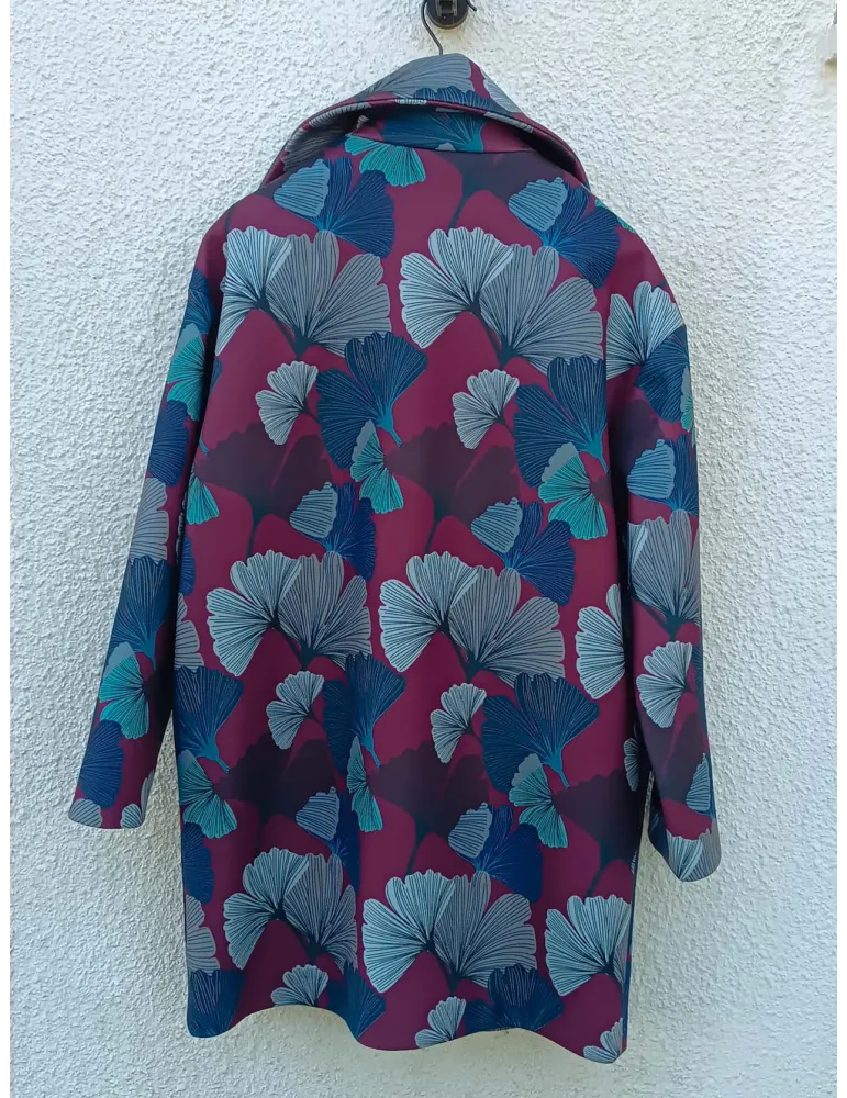 Burgundy and blue Ginkgo Biloba Print Coat by Maesta