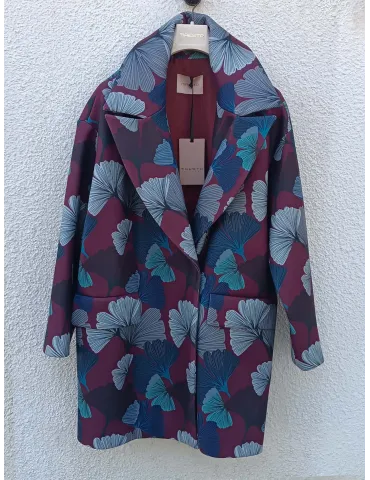 Burgundy and blue Ginkgo Biloba Print Coat by Maesta 2