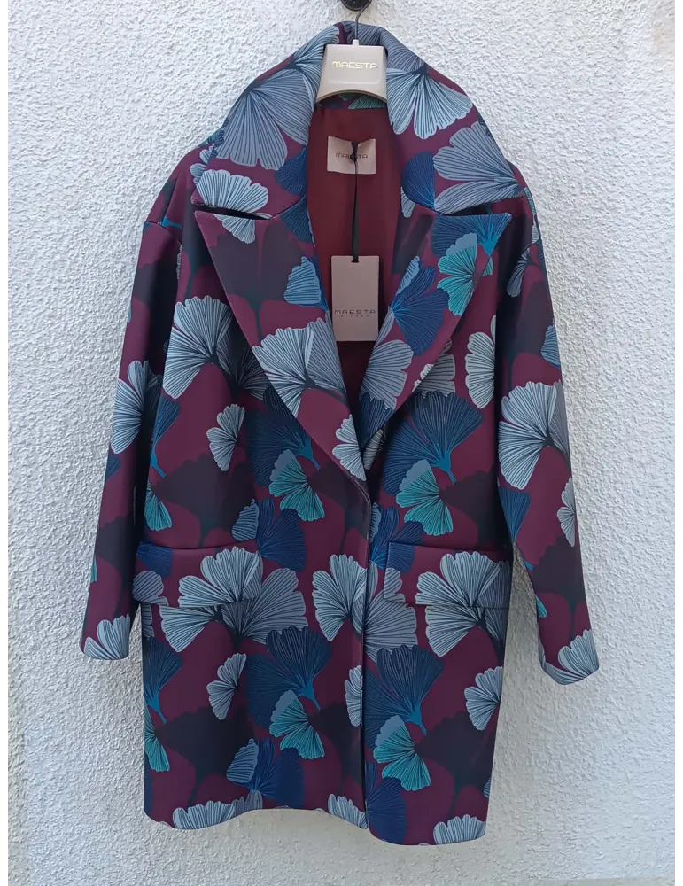 Burgundy and blue Ginkgo Biloba Print Coat by Maesta
