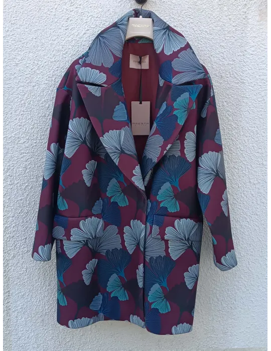 Burgundy and blue Ginkgo Biloba Print Coat by Maesta