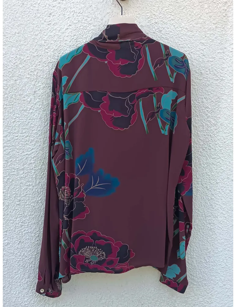 Burgundy floral print silk blouse with Scarf | Maesta Milano