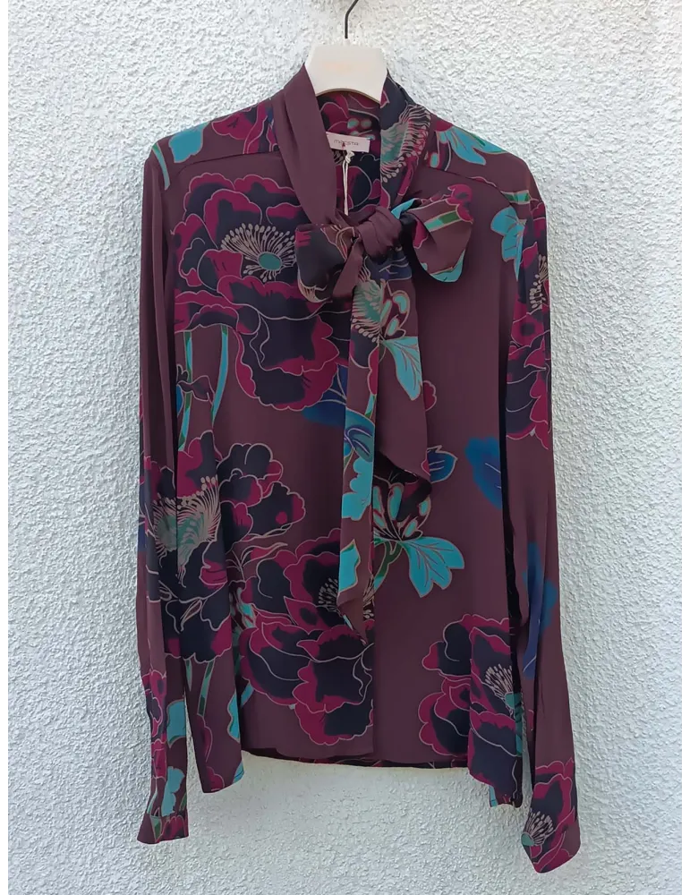 Burgundy floral print silk blouse with Scarf | Maesta Milano