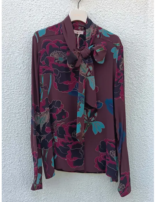 Camicia in seta bordeaux a fiori collo a sciarpa fino alla 54 | Maesta