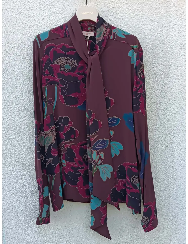 Burgundy silk Blouse with Scarf Neck by Maesta Milano