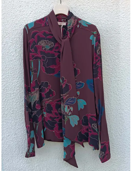 Camicia in seta bordeaux a fiori collo a sciarpa fino alla 54 | Maesta