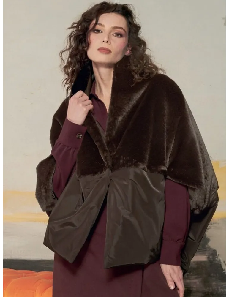 Brown Reversible Cape Jacket with Fur by Mousse