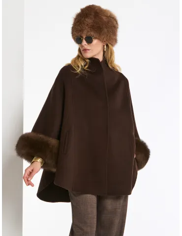 Piero Moretti Brown Double Merino Wool Cape with Fur Cuffs