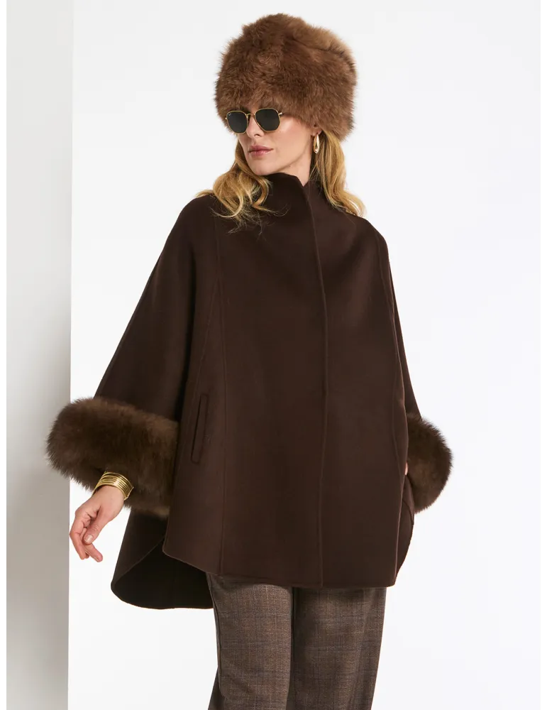 Piero Moretti Brown Double Merino Wool Coat Fur Cuffs - Plus size fit