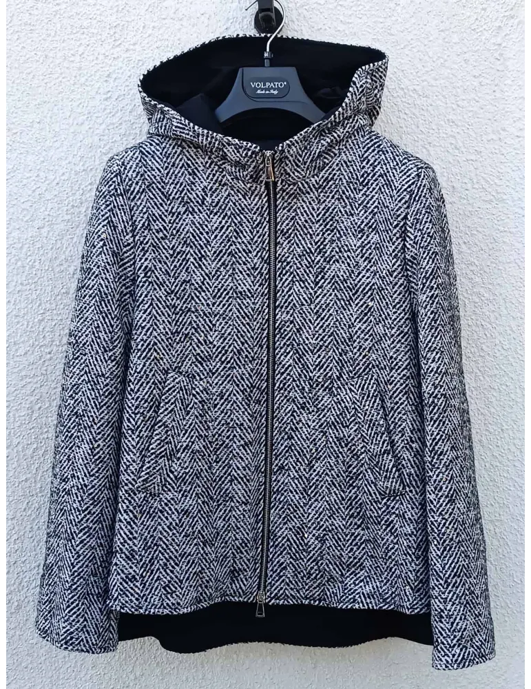Black and White Herringbone Hooded Jacket with Sequins