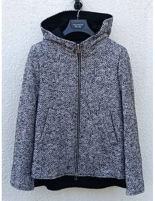 Black and White Herringbone Hooded Jacket with Sequins