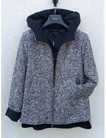 Black and White Herringbone Hooded Jacket with Sequins