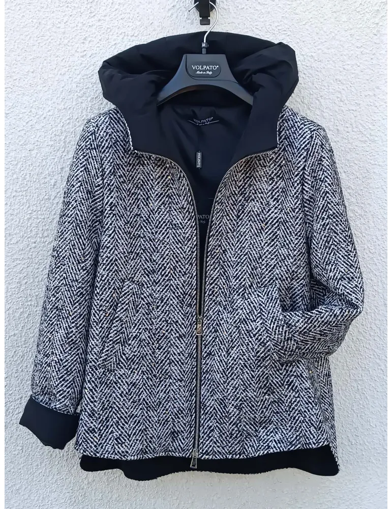 Black and White Herringbone Hooded Jacket with Sequins