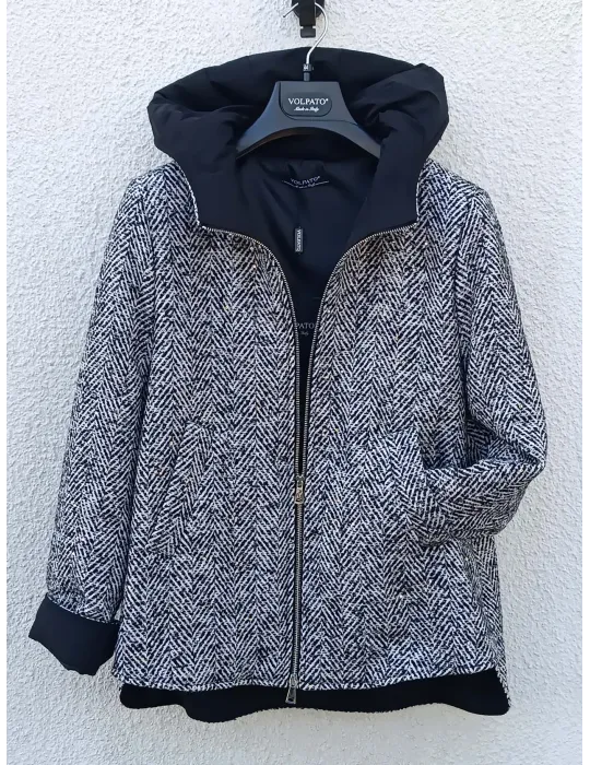 Black and White Herringbone Hooded Jacket with Sequins