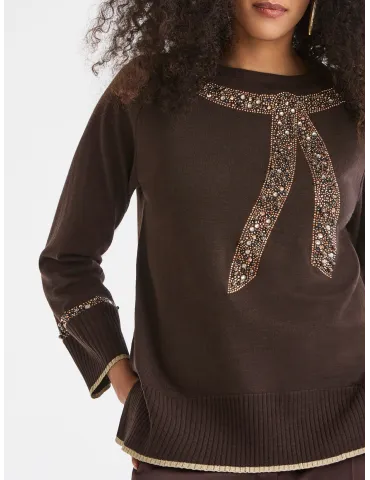 Brown merino wool formal sweater with rhinestones by Piero Moretti 2