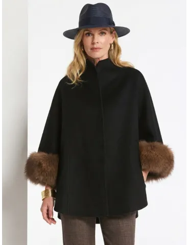 Piero Moretti black Double Merino Wool Cape with Fur Cuffs