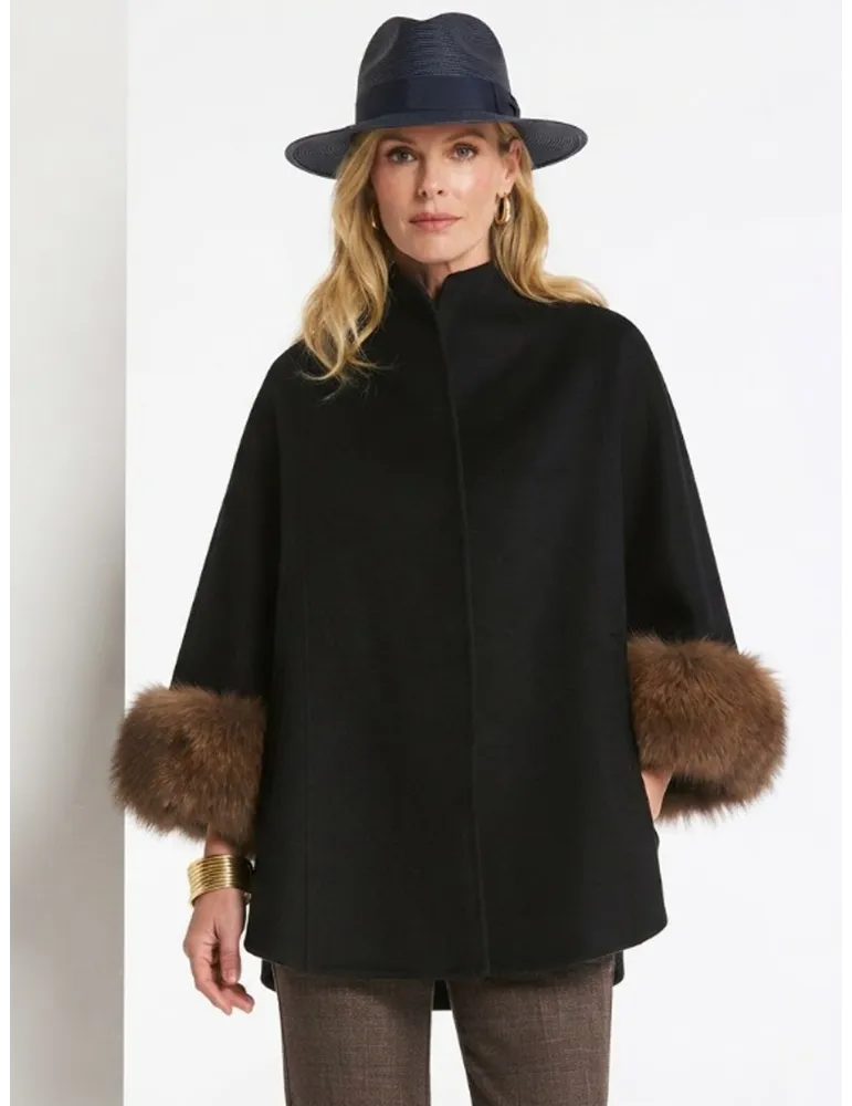 Piero Moretti Black Double Merino Wool Coat Fur Cuffs - Plus size fit