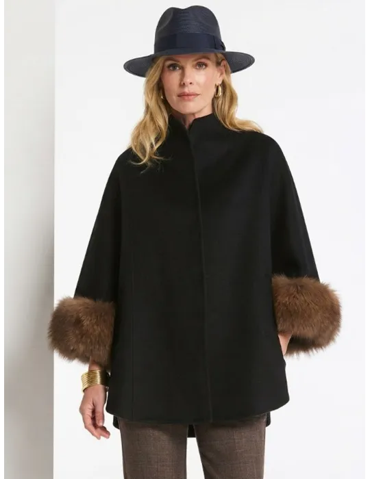 Piero Moretti black Double Merino Wool Cape with Fur Cuffs