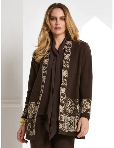 Wool and silk brown twinset with gold jacquard intarsia