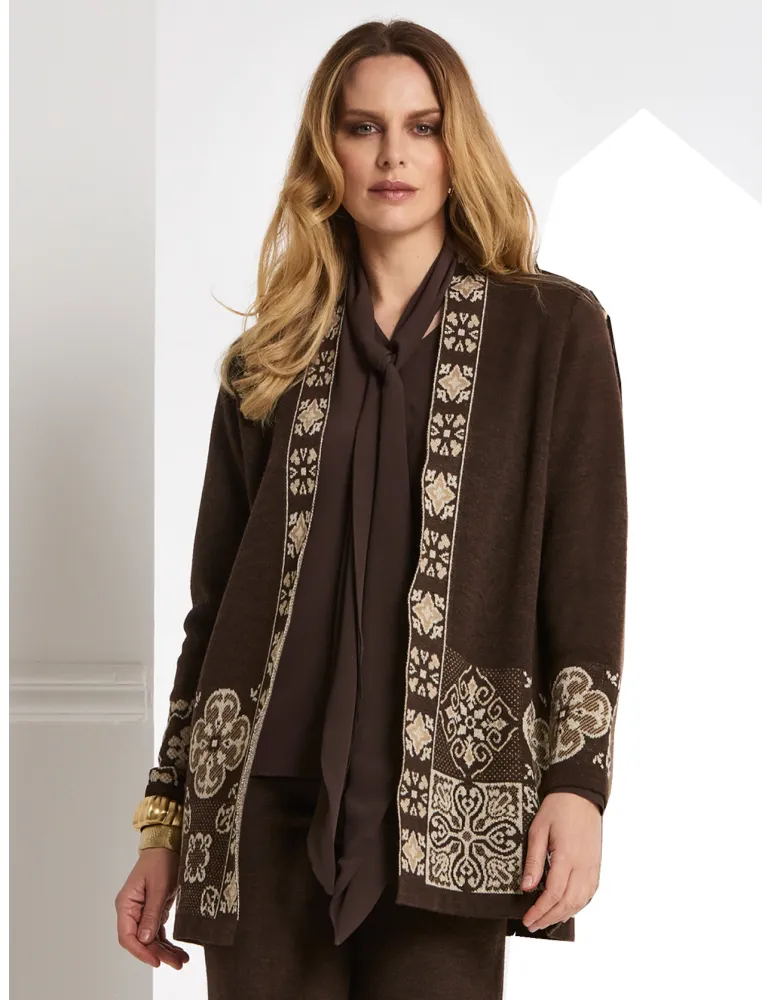 Wool and silk brown twinset with gold jacquard intarsia