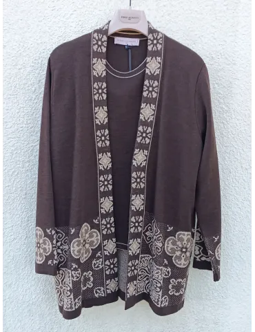 Wool and silk brown twinset with gold jacquard intarsia 2