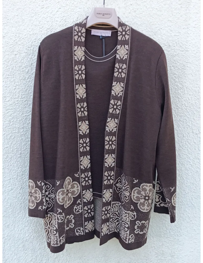 Wool and silk brown twinset with gold jacquard intarsia