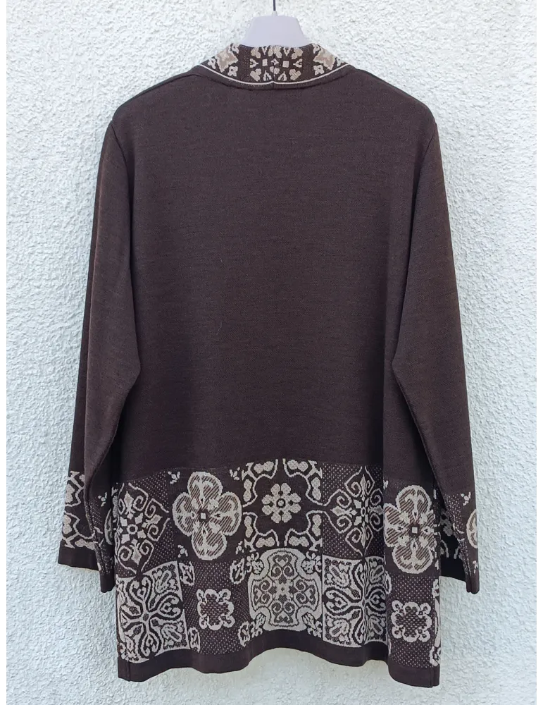 Wool and silk brown twinset with gold jacquard intarsia
