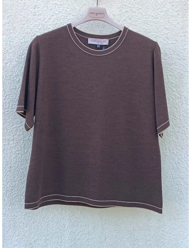 Wool and silk brown twinset with gold jacquard intarsia