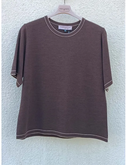 Wool and silk brown twinset with gold jacquard intarsia