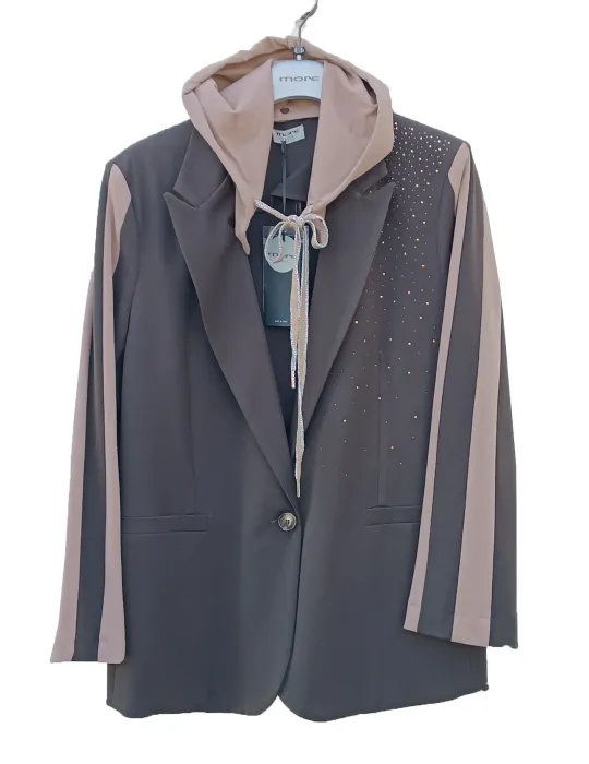 Brown Hooded Jacket and Palazzo Trousers with Beige Stripes | Plussize