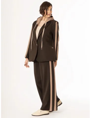Brown Hooded Jacket and Palazzo Trousers with Beige Stripes | Plussize
