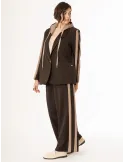 Brown Hooded Jacket and Palazzo Trousers with Beige Stripes | Plussize