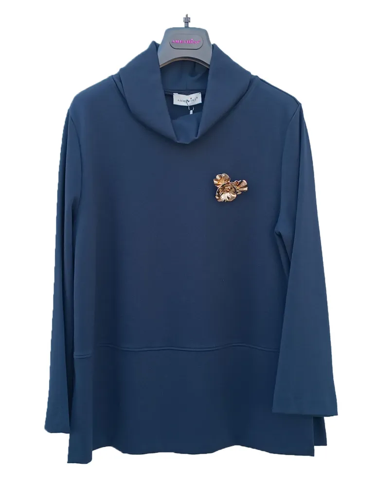 Blue Cady Turtleneck Blouse with Gold Brooch