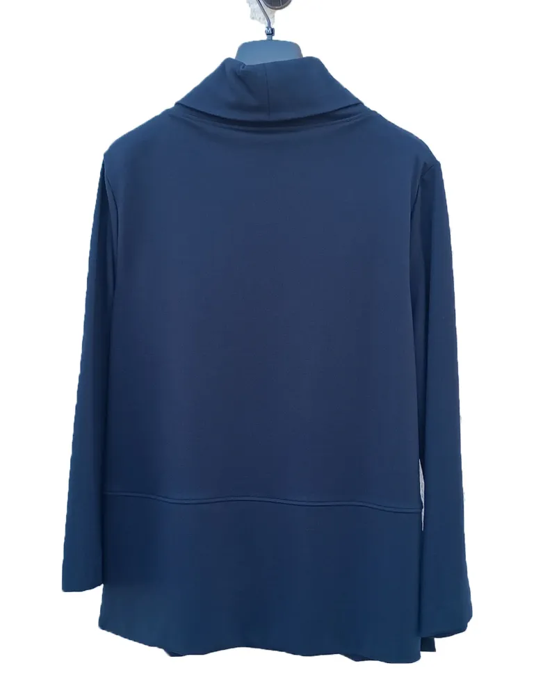 Blue Cady Turtleneck Blouse with Gold Brooch
