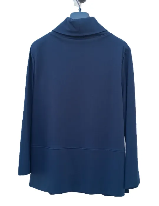 Blue Cady Turtleneck Blouse with Gold Brooch