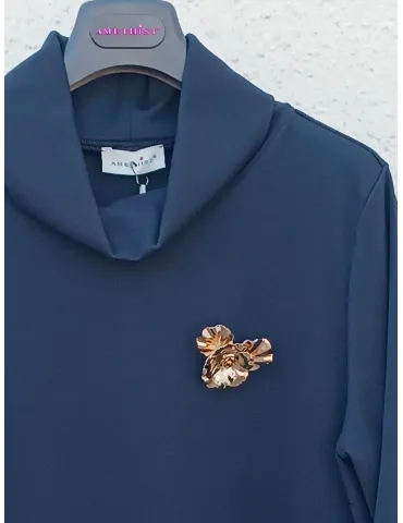 Blue Cady Turtleneck Blouse with Gold Brooch 2