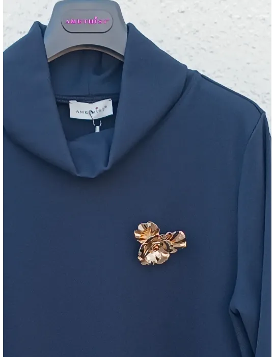 Blue Cady Turtleneck Blouse with Gold Brooch by Amethist